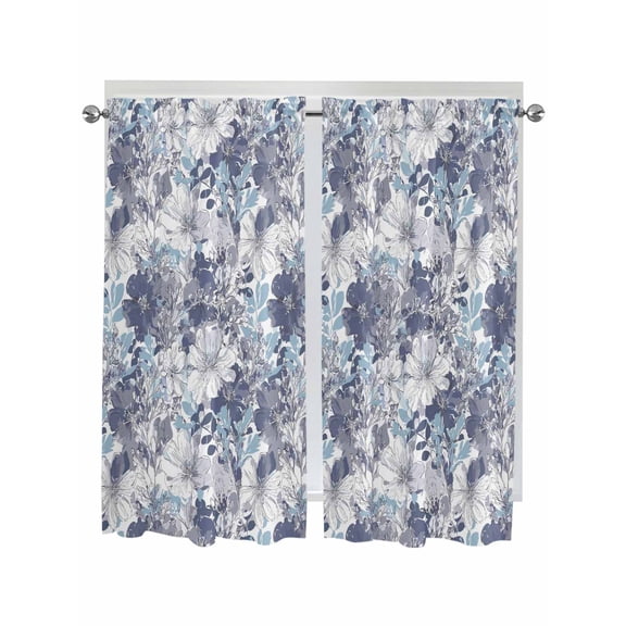 Blue Floral Living Room Curtains 2 Panel, Spring Botanical Flowers Leaves Vintage Cafe Window Treatment, Extra Long Farmhouse Bedroom Bathroom Kitchen Curtains Drapes 104"x72"