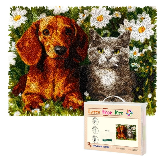 Latch Hook Rug Kit Brown Dachshund and Cat Pre-printed Handmade Carpet Crochet Yarn Craft DIY Hook and Latch Door Mat Tapestry for Home Floor Decoration 52x38cm-1