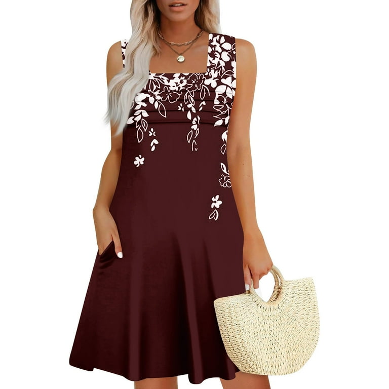 Women's Sleeveless Striped Pleated Dress Summer Casual Shift Dress with  Petal Hem and Contrast Collar for Weekend Brunch,Deep Red L - Walmart.com