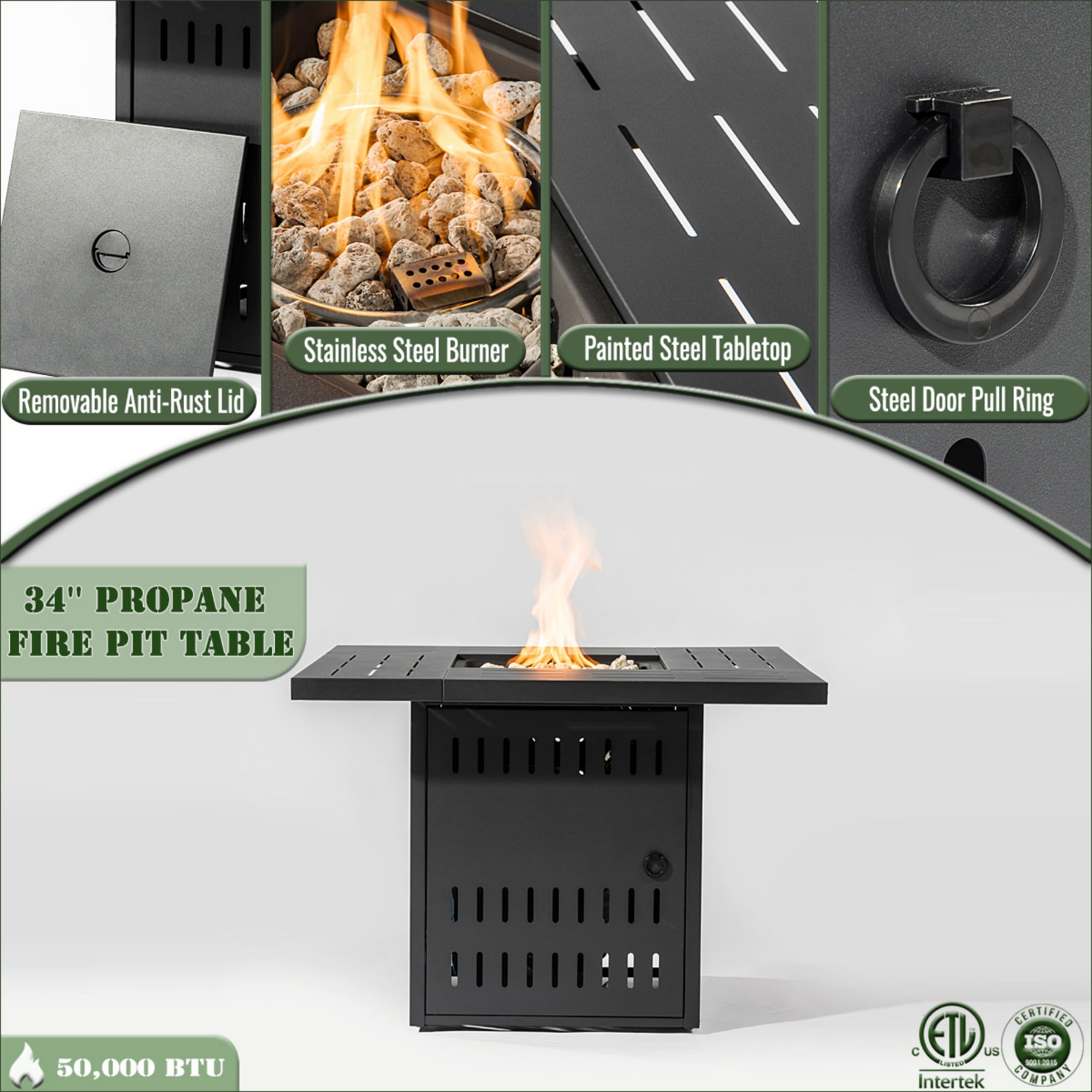 BOFANG 34 in x 34 in Rectangular 50000 BTU Propane Black Finish Steel Fire Pit Table with Smokeless