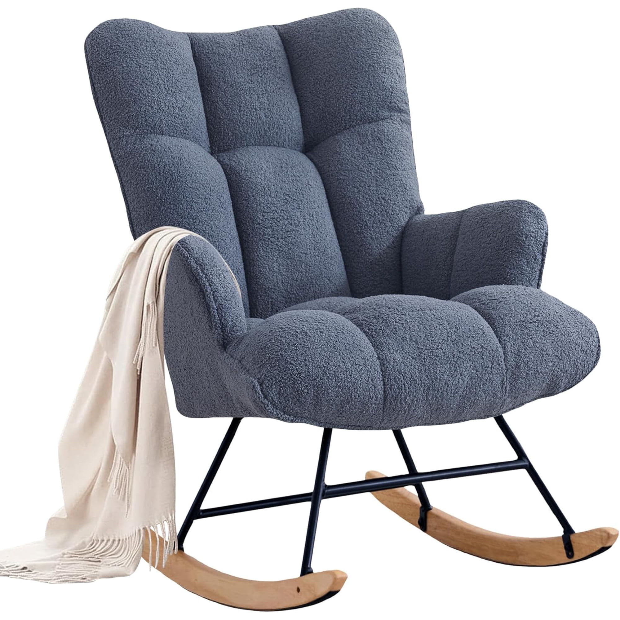 Upholstered Glider Rocking Chair with High Backrest and Padded Seat for Nursery, Living Room, Bedroom, or Office (Dark Blue)