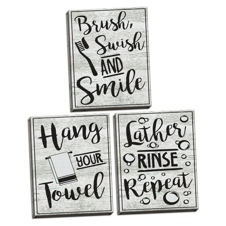 Black And White Bathroom Wall Art Gango Home Decor Gango Home Decor Lather, Rinse, Repeat, Hang Your Towel, & Brush, Swish, Smile Bathroom Wall Art by ND Art; Three Black and White 12x18in Hand-Stretched Canvases (Ready to Hang) ()