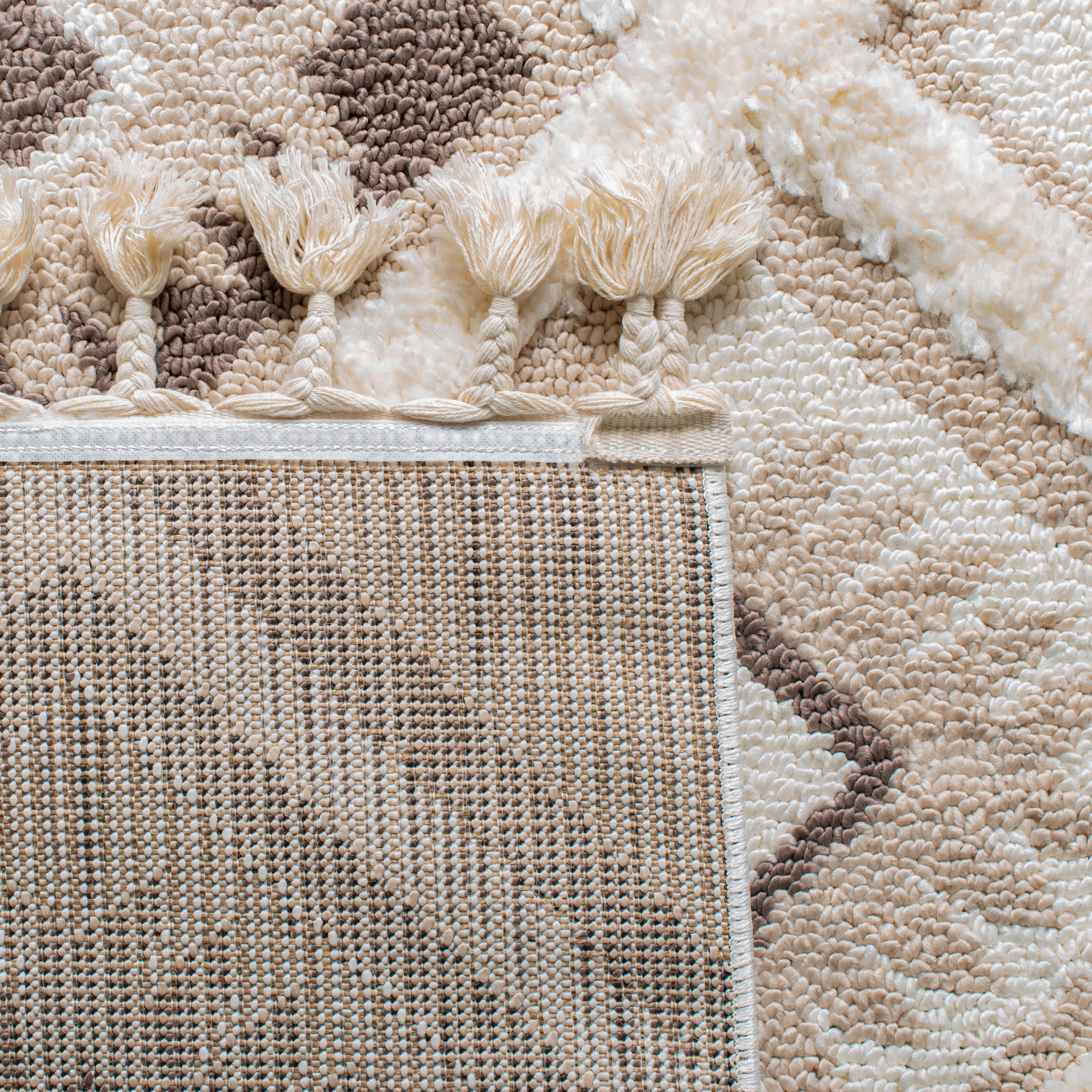 SAFAVIEH Moroccan Tassel Elsie Abstract Shag Area Rug, Ivory/Brown, 4' x 4' Square