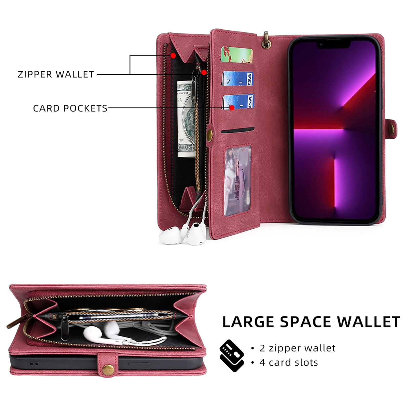 Defencase for iPhone 15 Plus Case for Women Men, Removable Durable PU Leather Magnetic Flip Strap Wristlet Zipper Purse Card Holder Detachable Wallet Phone Cases for iPhone 15 Plus, Red
