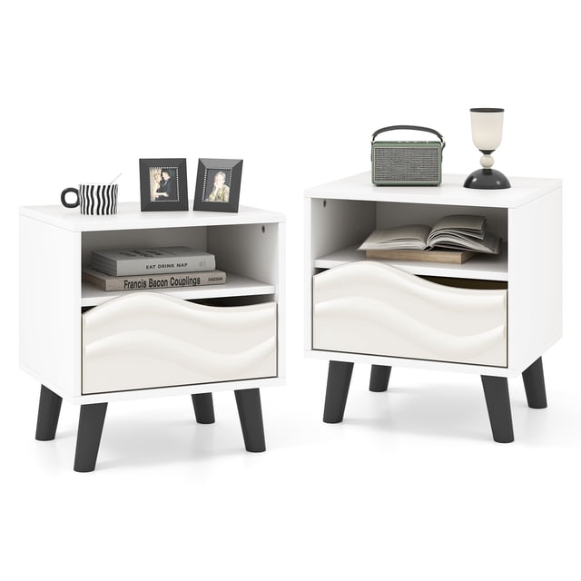 Gymax 2PCS Nightstand w/Drawer 3D Wavy Pattern Open Shelf Small Sofa Couch Side Table