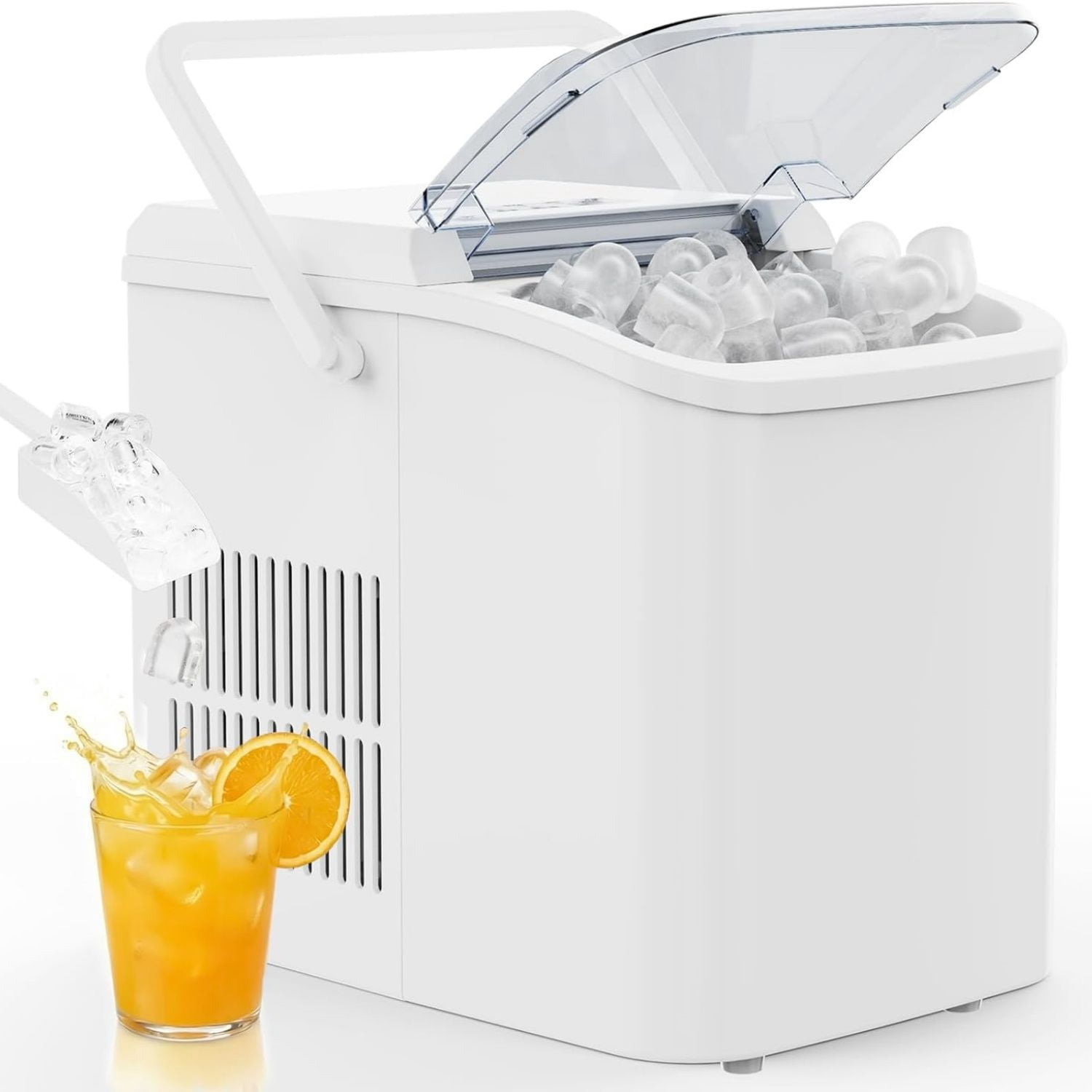 Ice Maker Machine with Handle, Auto-Cleaning Portable Ice Maker with Basket & Scoop, 26lbs in 24Hrs & 9 Ice Cubes in 6 Mins, 2 Ice Cube Sizes, for Home Party Camping RV, White