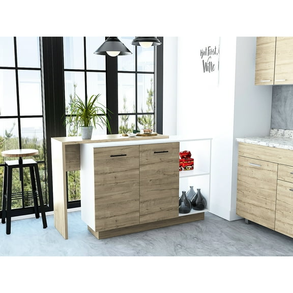 White Kitchen Island For Organized Space - 2 Shelves, 1 Drawer, 3 Interior Shelves With Extra Shelf Open