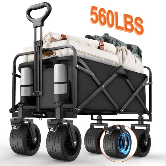 Qunler Large Collapsible Folding Wagon, 560 lbs Heavy Duty Big Bucket Utility Garden Cart with Oversized Tank Wheels for Sports, Shopping, Camping, Kids, Black