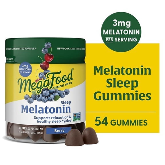 MegaFood Melatonin Gummies 3mg - Sleep Support for Adults - Berry Flavor - 27 Servings
