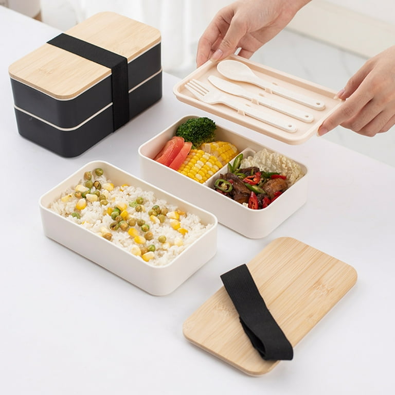 Yesbay 2pcs 1200ml Bento Boxes with Strap Double Layer Built-in Tableware Japanese Style Portable Leak-Proof Lunch Boxes for Daily Life, Size: 18.5