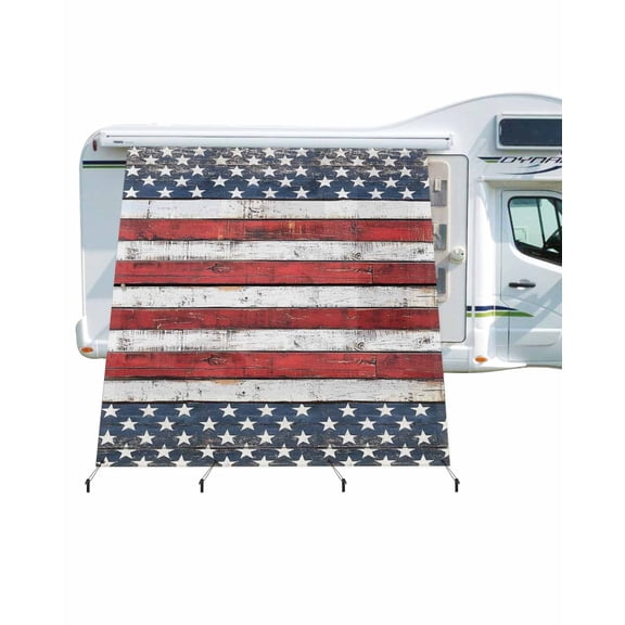 4th of July RV Awning Sun Shade Screen 9'X7' Patriotic Stars Stripes Mesh Sunscreen Red Wood Grain Awning Shade Screen with Zipper UV Blocker Completed Kits Outdoor Canopy for RV Motorhome Camper