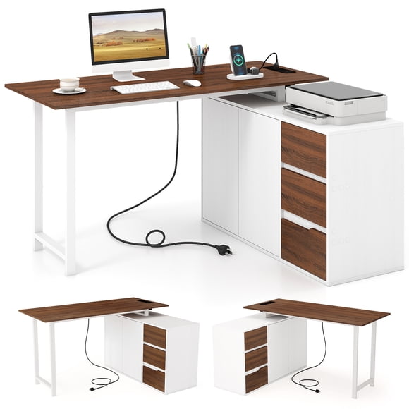 Costway 54.5” L-Shaped Computer Desk with File Cabinet, 3 Drawers & Charging Station Brown & White