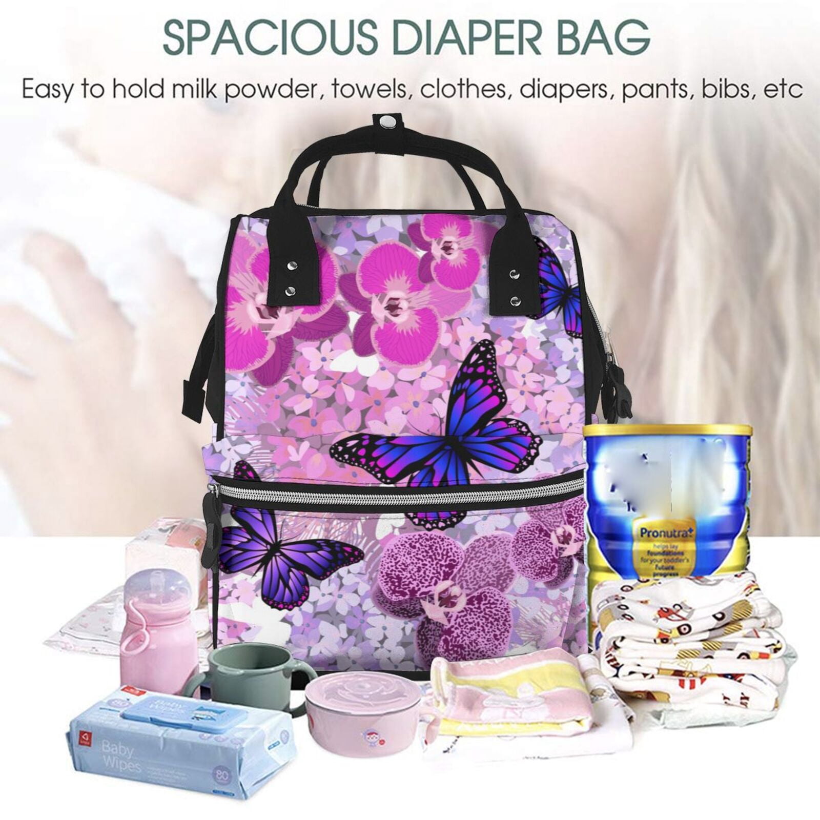 Ratiio Purple Vintage Butterfly Mummy Backpack - Waterproof Twill Canvas, Large Capacity Diaper Bag with Multiple Pockets and Adjustable Straps