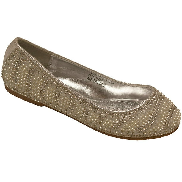 Bella Marie Girls Silver Glitter Rhinestone Adorned Slip On Flats 11-4 ...