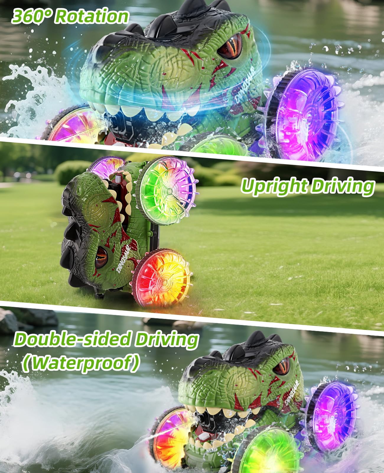 JoyStone Dinosaur Amphibious Remote Control Car for Water & Land with Water Machine, RC Monster Truck Toys with LED Lights, 360° Spins and Drifting for Boys Girls, Green