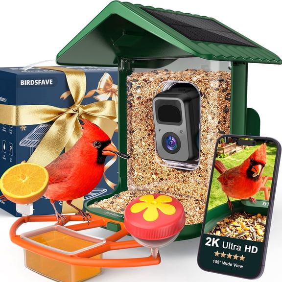 Bird Feeder with Camera Solar Powered, 2K HD Live Instant Alerts with 32GB Card 3 DIY Add-ons, AI Identify Camera Bird Feeder 2.4G Wifi Wireless Outdoors Gift for Mom Dad Bird Lover