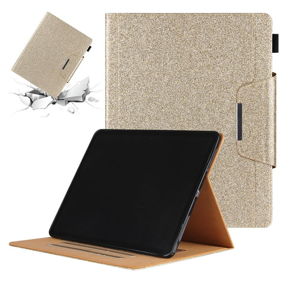 SaniMore Case for iPad 10th Generation 10.9" 2022, PU Leather Glitter Case Auto Wake/Sleep Card/Pen Holder Stand Dual Angle Anti-slip Strip TPU Backplane Magnetic Shockproof Wallet Case, Gold