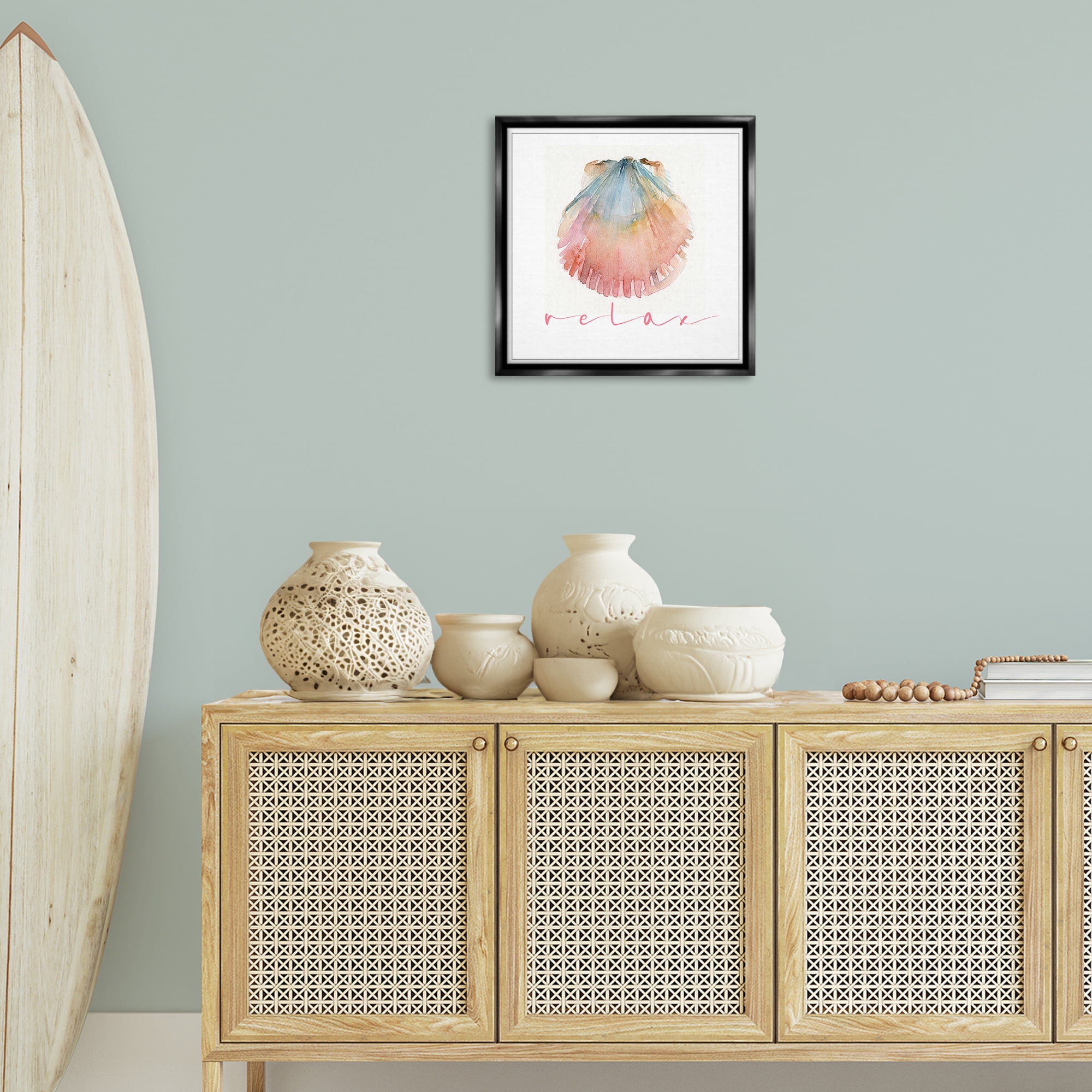 Stupell Industries Scallop Shell Relax Nautical & Beach Painting Black Floater Framed Canvas Art Print Wall Art, 18 x 18