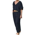 thumbnail image 2 of BLTIBY 2025 Cotton Linen 2 Piece Sets for Women Summer Solid Color Loose Short Sleeve V Neck Shirts Wide Leg Pant Matching Set Plus Size Vacation Outfits with Belt Dark Blue 4XL, 2 of 6