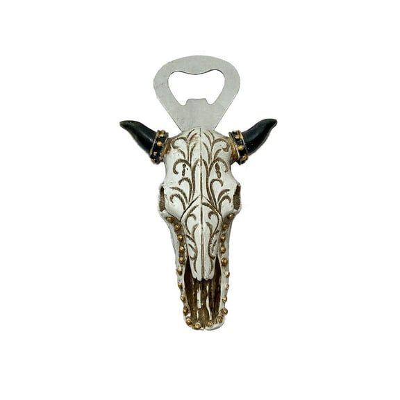 Golden Cow Skull & Scrolls - Beer Bottle Cap Opener - Handheld