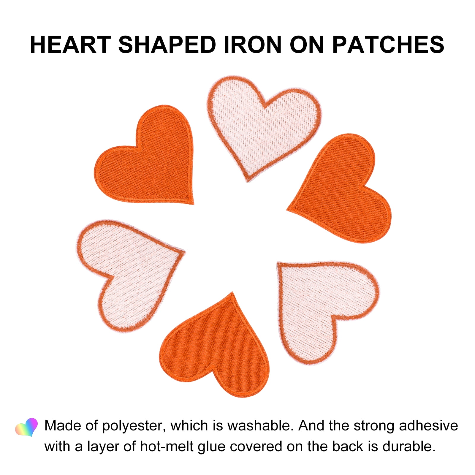 Heart Shaped Iron on Patches 6.8x7cm Embroidered Sew Patches Appliques for Clothing Repair Backpack Shoes Decoration Orange 120Pcs