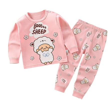 Zwiiyzr 2025 3M-5Y Toddler Baby Kids Winter Fall Pajama Set Boys Girls Solid Color Flower Sheep Print Long Sleeve 2 Piece Outfits Sleepwear Baby Clothes Suit Pink