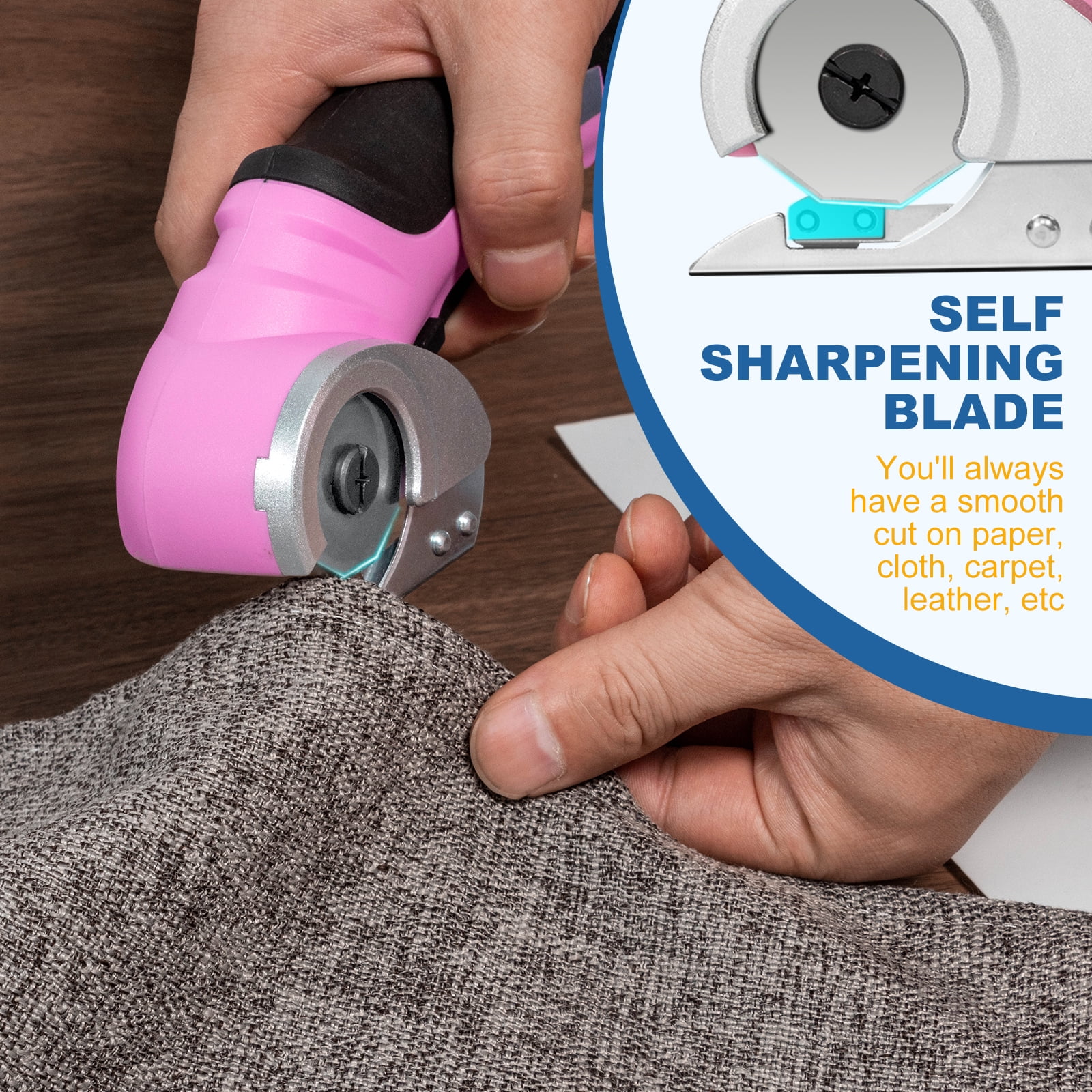 VLOXO Cordless Electric Scissors, Cardboard Cutter with Safety Lock 4.2V Electric Mini Cutter Power Rotary Scissors for Leather Felt Rug Box with Storage Box Pink