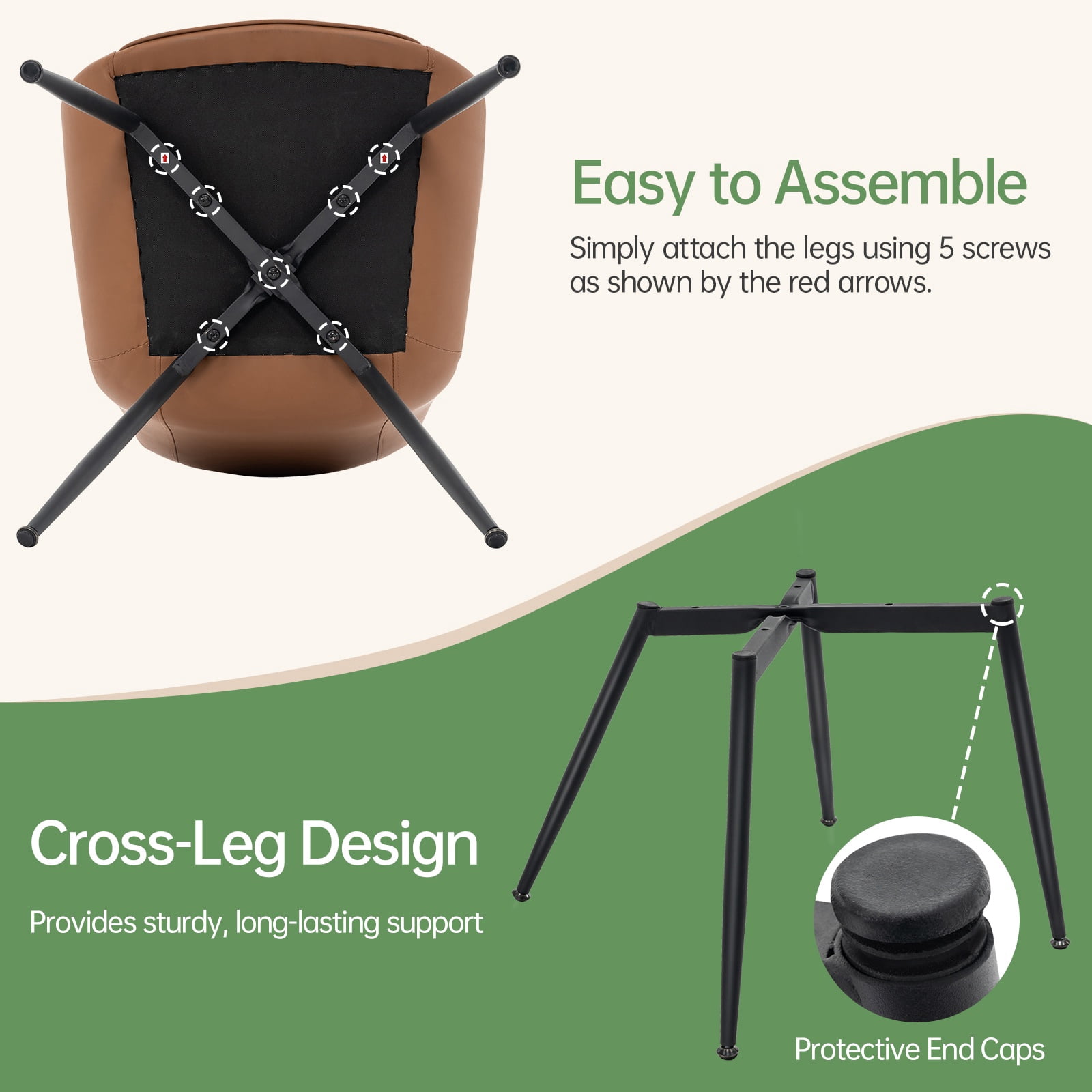Modern Faux Leather Dining Chairs Set of 2, Upholstered Dining Side Chairs with Metal Legs, Comfort Backrest Chair For Kitchen Dining Room Cafe(Brown, Black Legs)