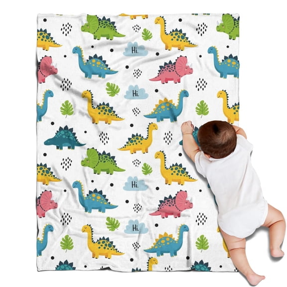 White Dinosaurs Clouds Leaves Pattern Blanket,Comfortable Soft Flannel Throw Blanket,All Season,Warm Lightweight Blankets for Sofa Bed Couch Living Room Chair,30"x40"
