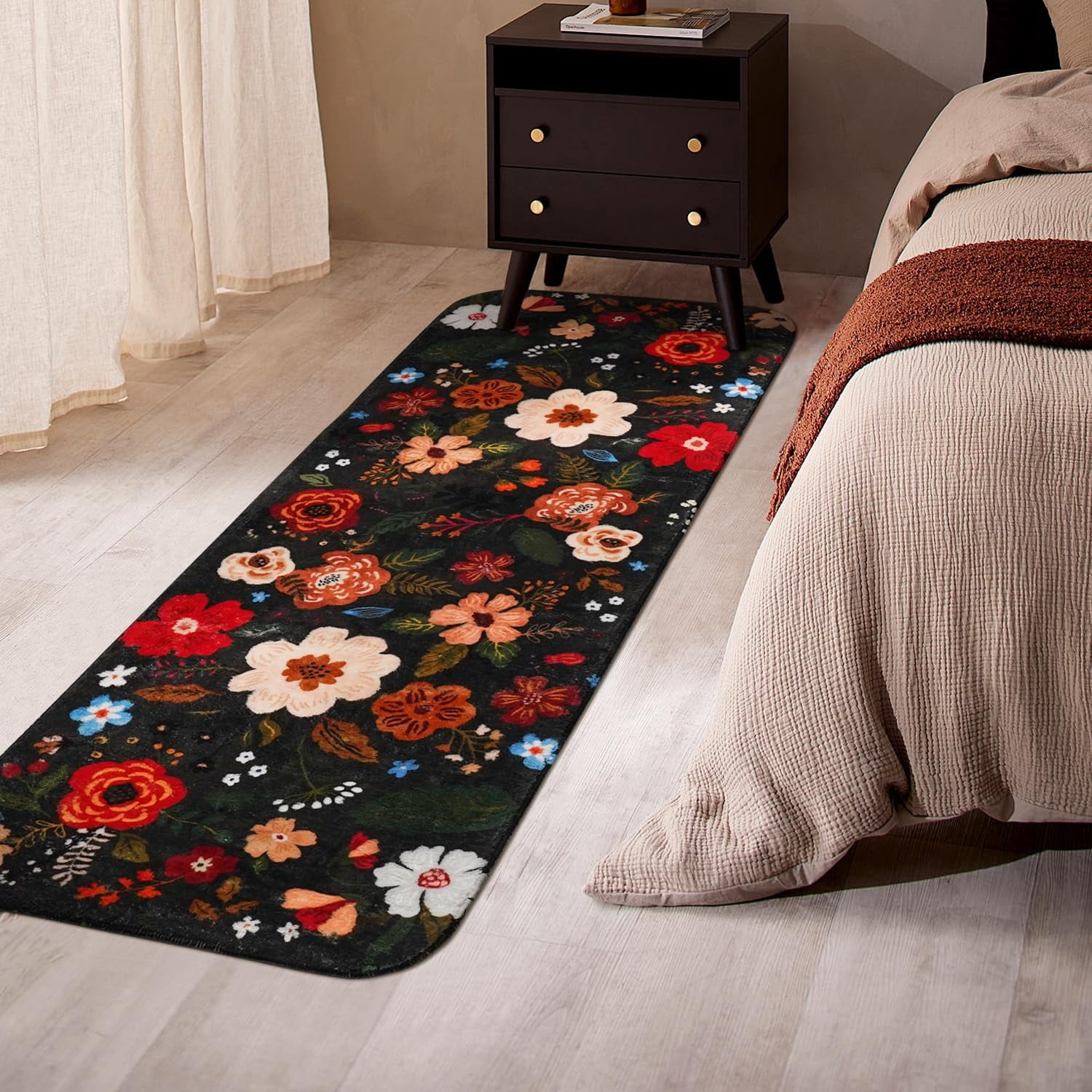 Floral Bathroom Rugs Large Long Bath Mat, Black Bathroom Runner Rugs 24 x 60 Non Slip Washable, Flower Rug Cute for Bathtub