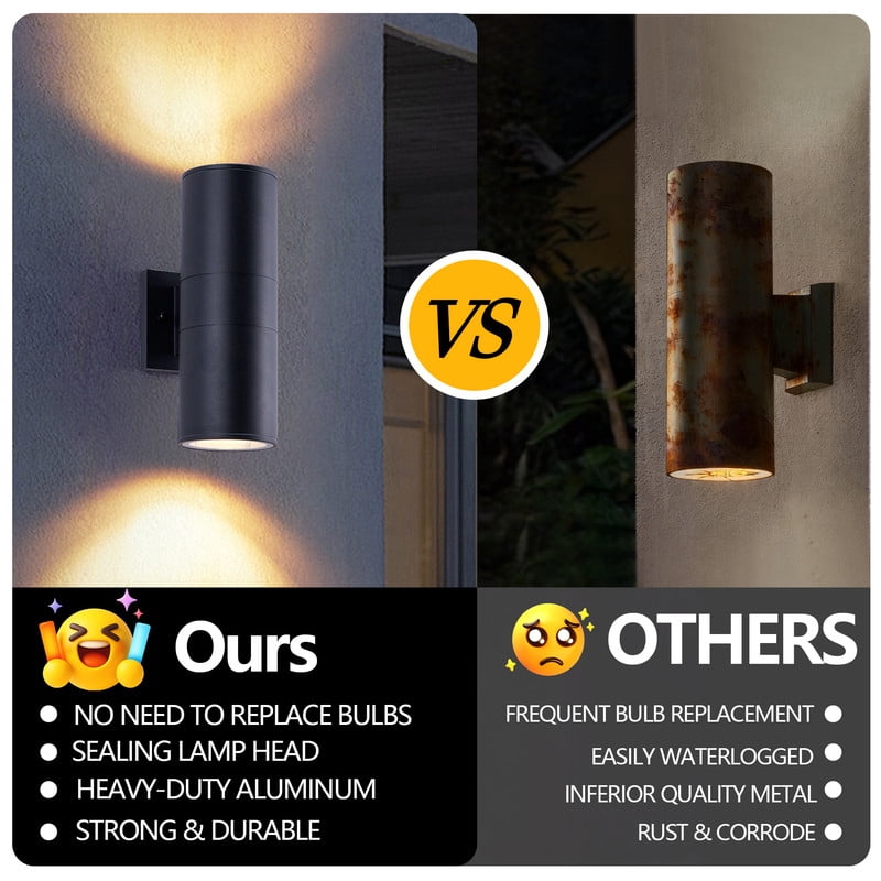 TICOZE 12 Inch Modern Outdoor Porch Light Pack of 2 Matte Black Outdoor Wall Sconce 2 Light Aluminum Cylinder with Tempered Glass Cover Waterproof Patio Light for House Garage