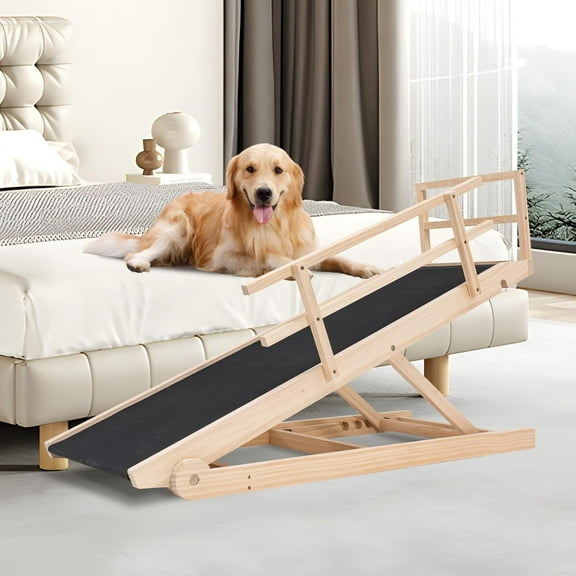 Folding Wooden Dog Ramp for Bed, Couch & Car,45IN Long- 5 Level Adjustable Pet Ramp, Non-Slip Rubber Mat, 17.7'' Extra Wide - Supports Small & Large Senior Dogs & Cats up to 200 lbs