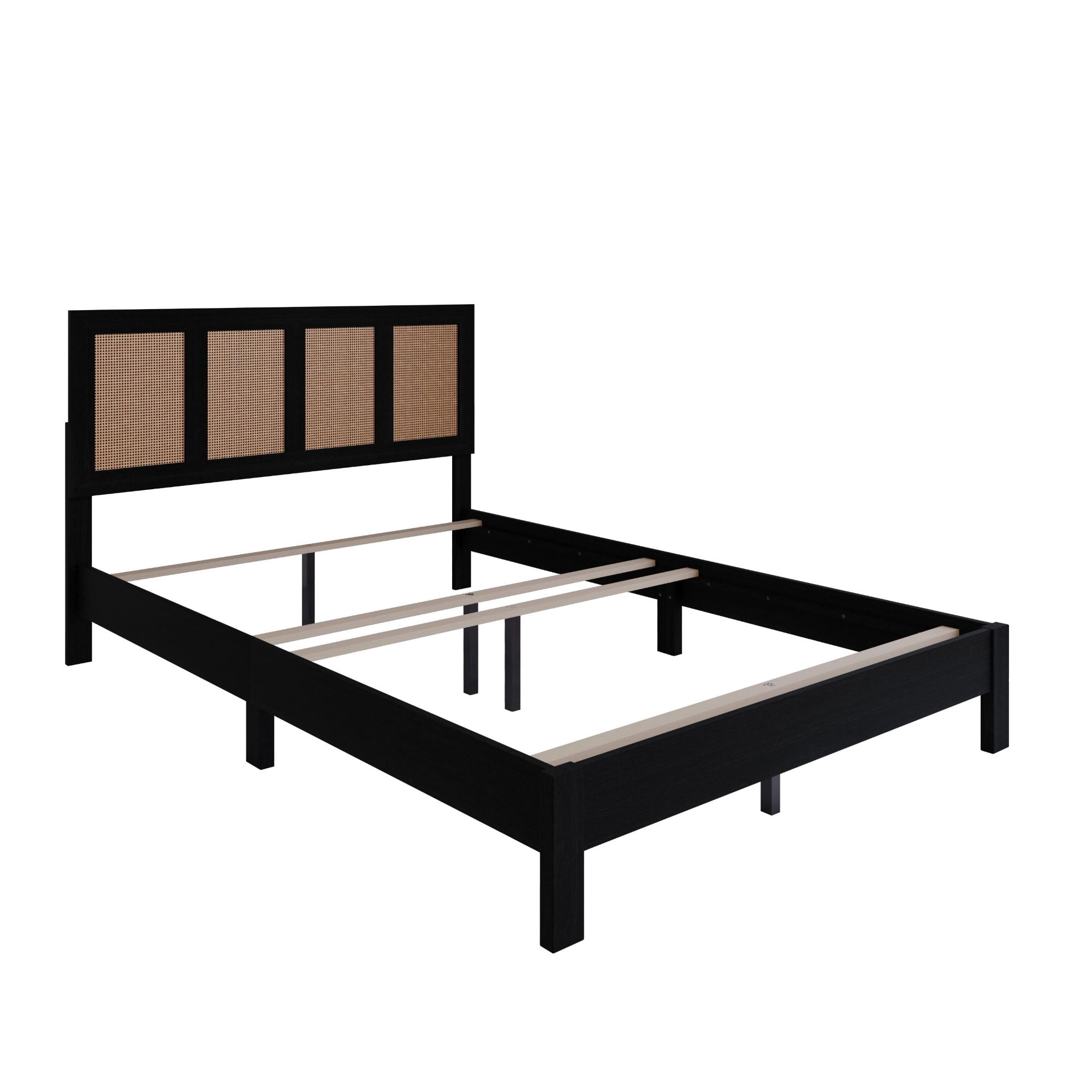 Home Design Missoula Twin Wood Panel Bed Frame with Rattan Accents, Black – Box Spring Required