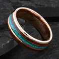 thumbnail image 3 of Rose Gold Wedding Band Ring for Men Black Tungsten Carbide Iridescent Crushed Blue Opal Inlay Two Koa Wood Inlays, 3 of 7
