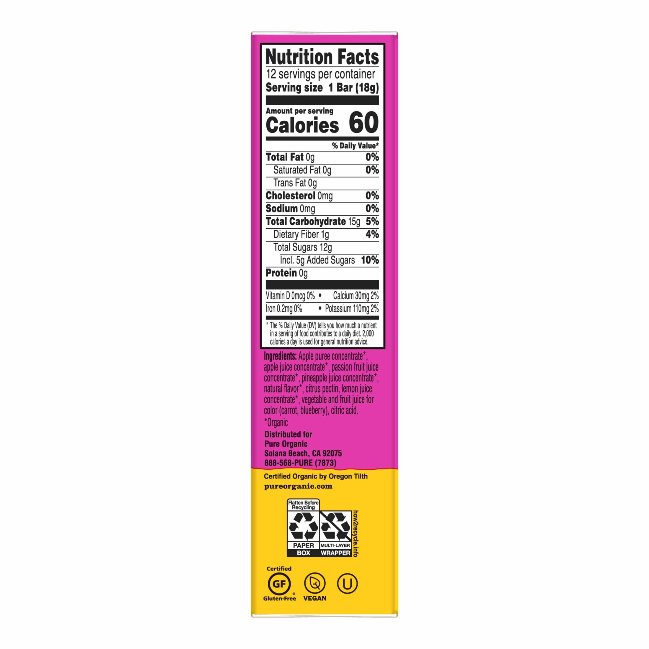 Pure Organic Pineapple Passionfruit Layered Fruit Bars, Gluten Free, 7.6 oz, 12 Count
