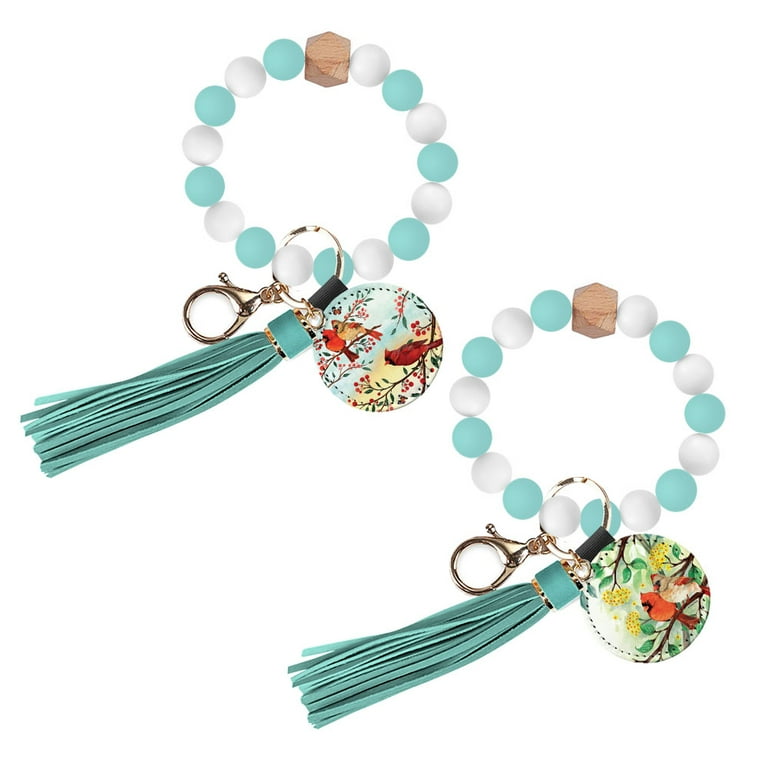 1Pc Silicone Keychain For Keys Tassel Wooden Beads Wrist Keyrings