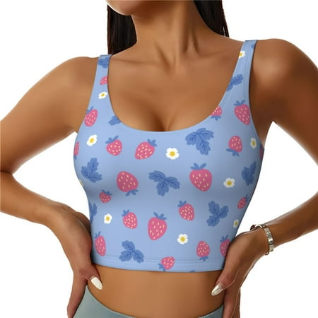 Jgfou Strawberry And Flowers Print Womens Sports Bra - Padded Workout Sports Bras Crop Tank Top