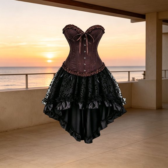 Women's Gothic Halloween Corset Dress - Body Shaping Lace-Up Boned Bodysuit With High-Low Tulle Skirt Steampunk Costume For Women Wine 2XL