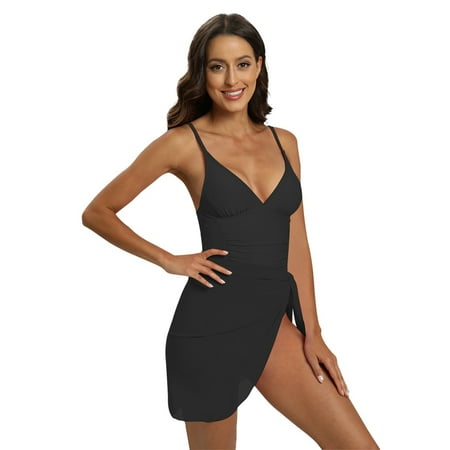 WBQ Women s One Piece Swimsuit with Short Sarongs  Tummy Control V Neck Bathing Suits  Front Ruched Padded Monokini Swimsuit  Spaghetti Strap Push Up 2-Piece Swimwear  S-2XL
