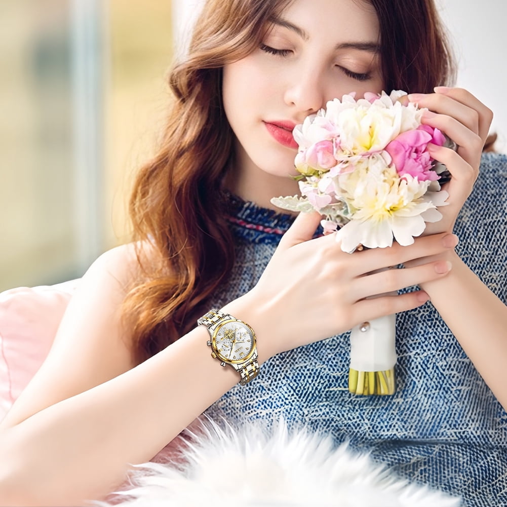 OLEVS Watches for Womens Business Luxury Casual Analog Quartz Diamond Stainless Steel Chronograph Waterproof Luminous ladies Watches Reloj Para Mujer Gold/White/Black/Blue
