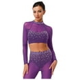 thumbnail image 3 of Sholeno Womens Glittery Rhinestone Dance Crop Tops Mesh Long Sleeve Pullover Cropped Shirt Dancewear Purple M, 3 of 5