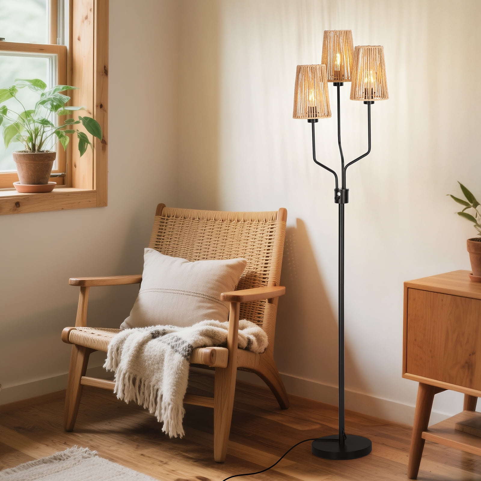 SUNMORY Rattan Floor Lamp, Floor Lamps for Living Room with 3 Tier Dimmable Lighting, Bedroom Floor Lamp for Farmhouse, Rustic Floor Light, Boho Style, Ideal for Living Room, Bedroom, Sofa