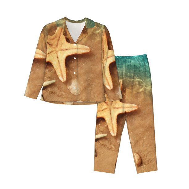 Fotbe Starfish And Seashell 1 Conjunto de Pijama de Manga Larga para Mujer con Estampado, Ropa de Dormir de 2 Piezas, Conjunto de Casa Suave y Cómodo con Bolsillos-Large