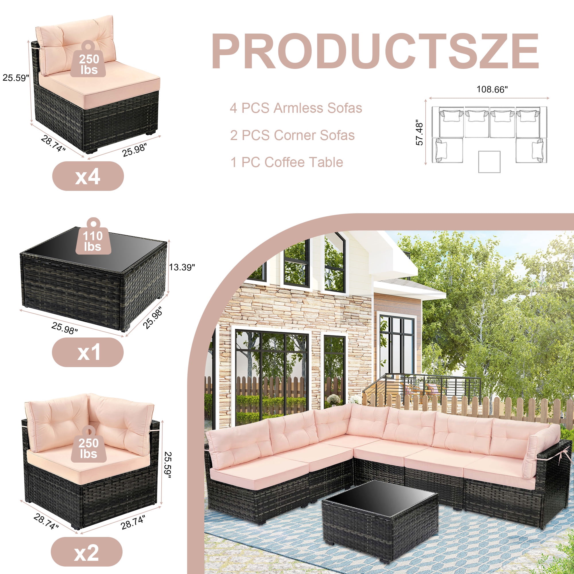 7 Pcs Patio Sofa Couch Sets, Brown Rattan Outdoor Sectional Furniture with Beige Cushions and Coffee Table, Patio Seating Sets for Garden Deck Backyard