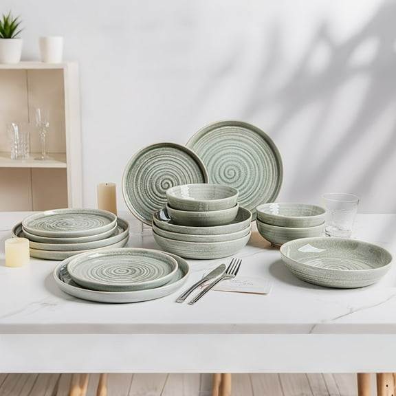 16-Piece Elegant Green Ceramic Dinnerware Set, Reactive Glaze Stoneware Plates Soup Bowls for Gifts Parties Weddings Dinners