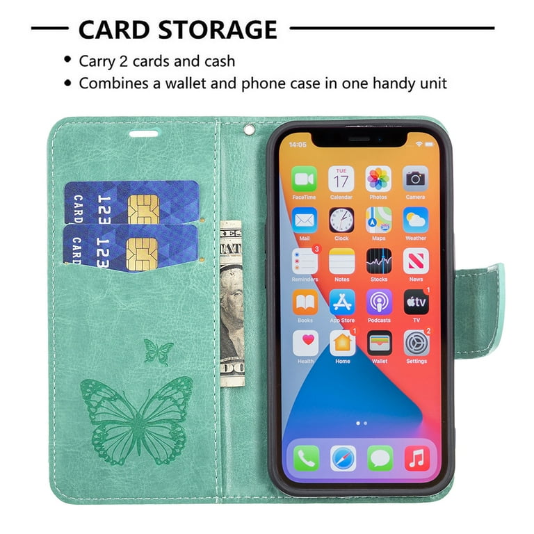 Green PU Leather Wallet Folio Case for iPhone 13 Pro ( 6.1
