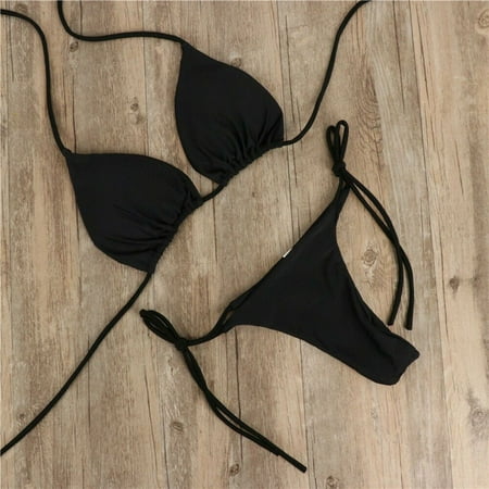 Woman Fashion Split G-string Thong Sexy Backless Swimsuit Bathing Suit Bikini Set Brazlian Swimwear BLACK S