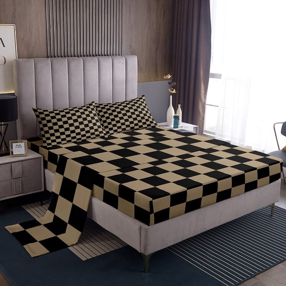 Erosebridal Buffalo Square Sheet Set Twin,Black Brown Bedding Sets Twin Size,Geometric Decoration,Breathable,3pcs