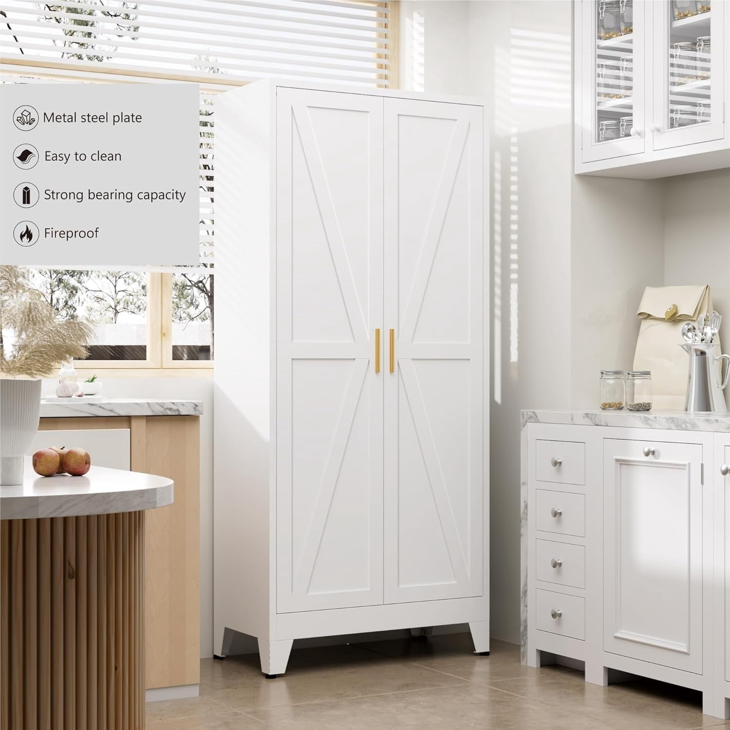 WDZS Large Metal Kitchen Pantry Cabinet with Adjustable Shelves - Freestanding Kitchen Storage Cabinet for Dining Room,Livingroom Bathroom, Hallway, Workshop, Office,White