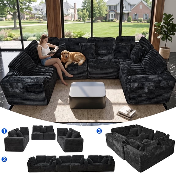 SEENYOO 135.5" Cloud Couch,Boneless Sectional Sofa for Living Room,Black U Shaped Couch with Chaise,6-Seater,Corduroy Fabric,Freely Configurable Layout